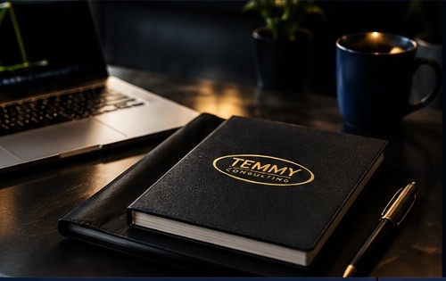 Temmy Consulting notebook on a desk beside a laptop and coffee